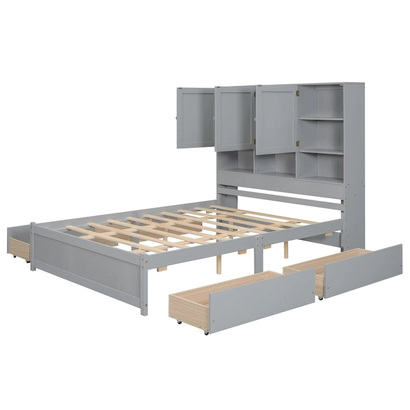 Lit plateforme Queen Size avec tête de lit de rangement et 4 tiroirs
