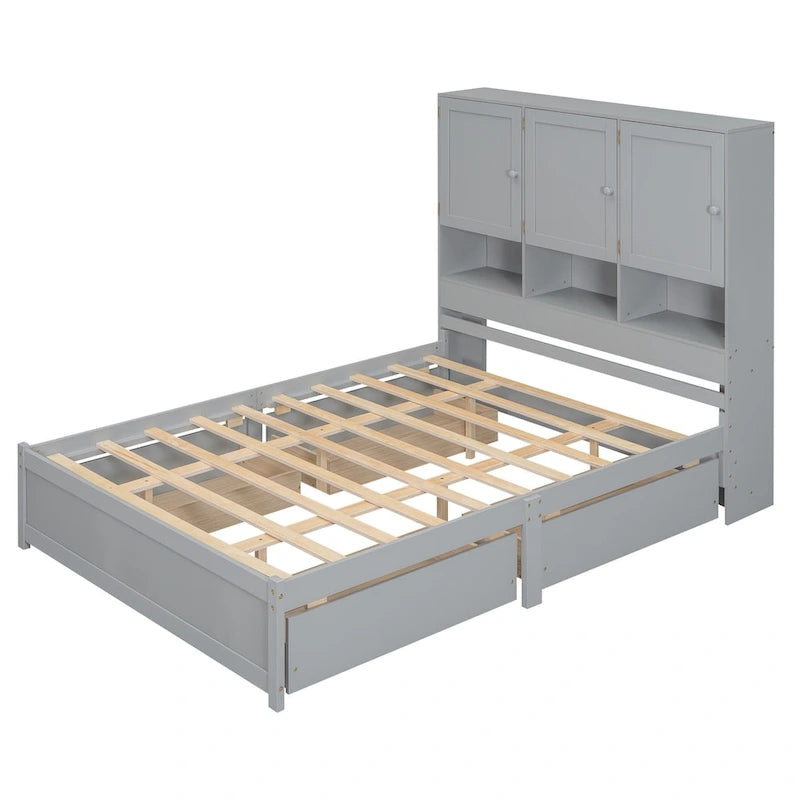 Lit plateforme Queen Size avec tête de lit de rangement et 4 tiroirs