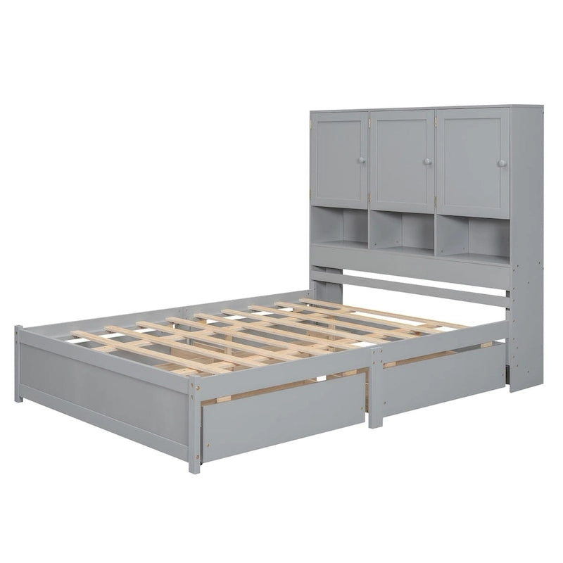 Lit plateforme Queen Size avec tête de lit de rangement et 4 tiroirs