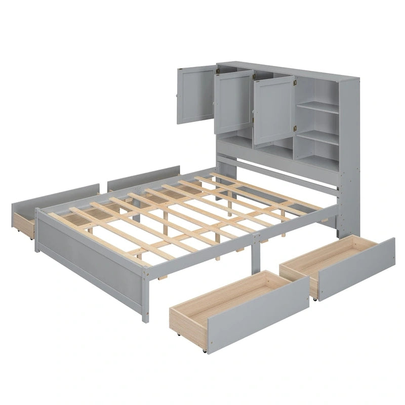 Lit plateforme Queen Size avec tête de lit de rangement et 4 tiroirs