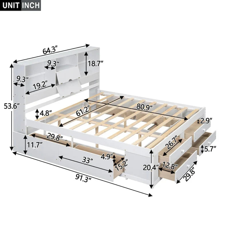 Lit plateforme avec tête de lit de rangement et 8 tiroirs