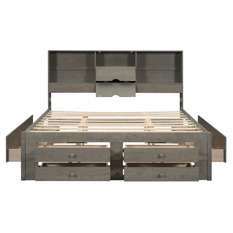 Lit plateforme avec tête de lit de rangement et 8 tiroirs