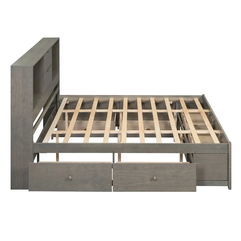 Lit plateforme avec tête de lit de rangement et 8 tiroirs