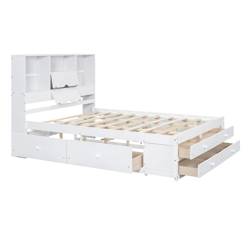Lit plateforme avec tête de lit de rangement et 8 tiroirs