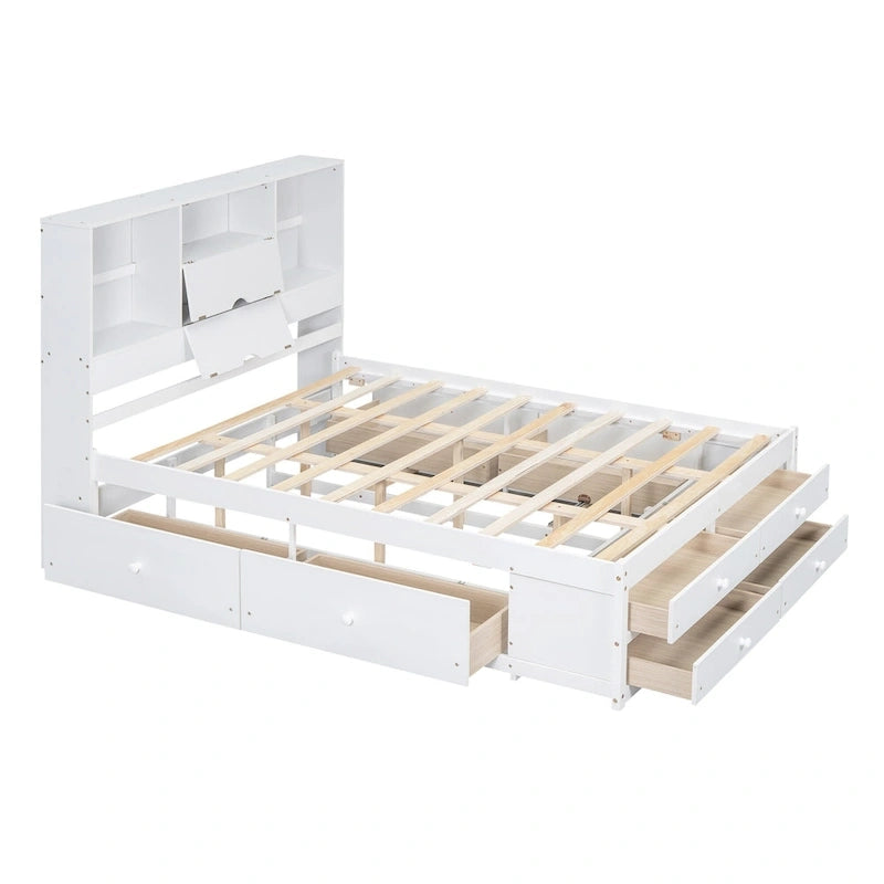 Lit plateforme avec tête de lit de rangement et 8 tiroirs