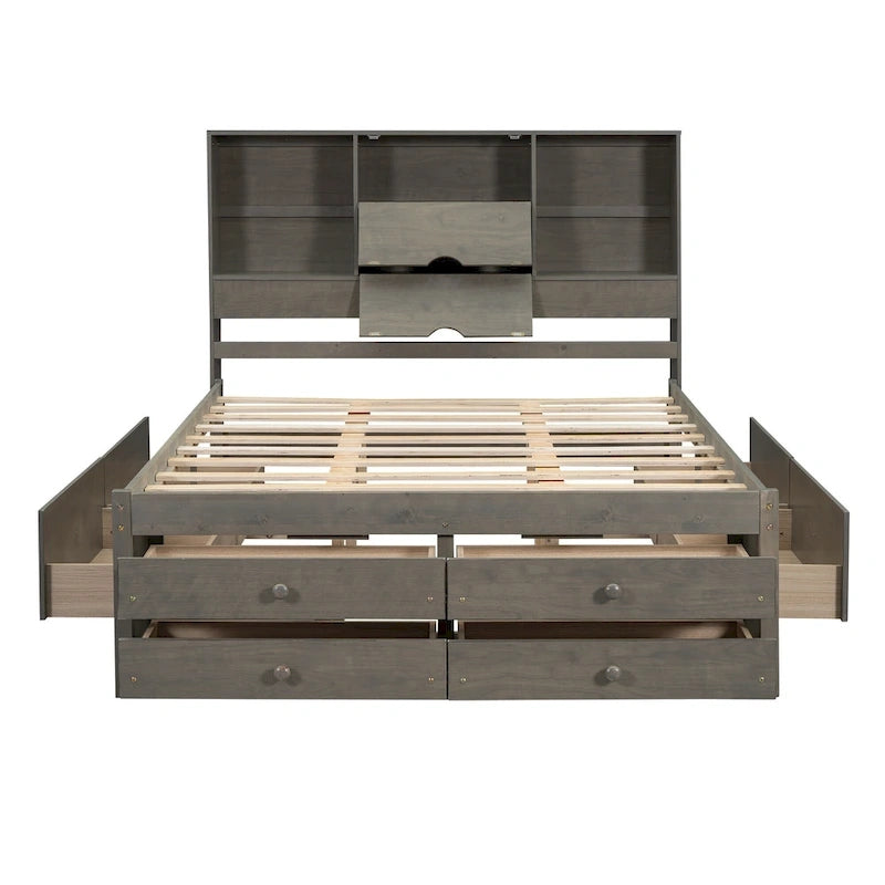 Lit plateforme avec tête de lit de rangement et 8 tiroirs