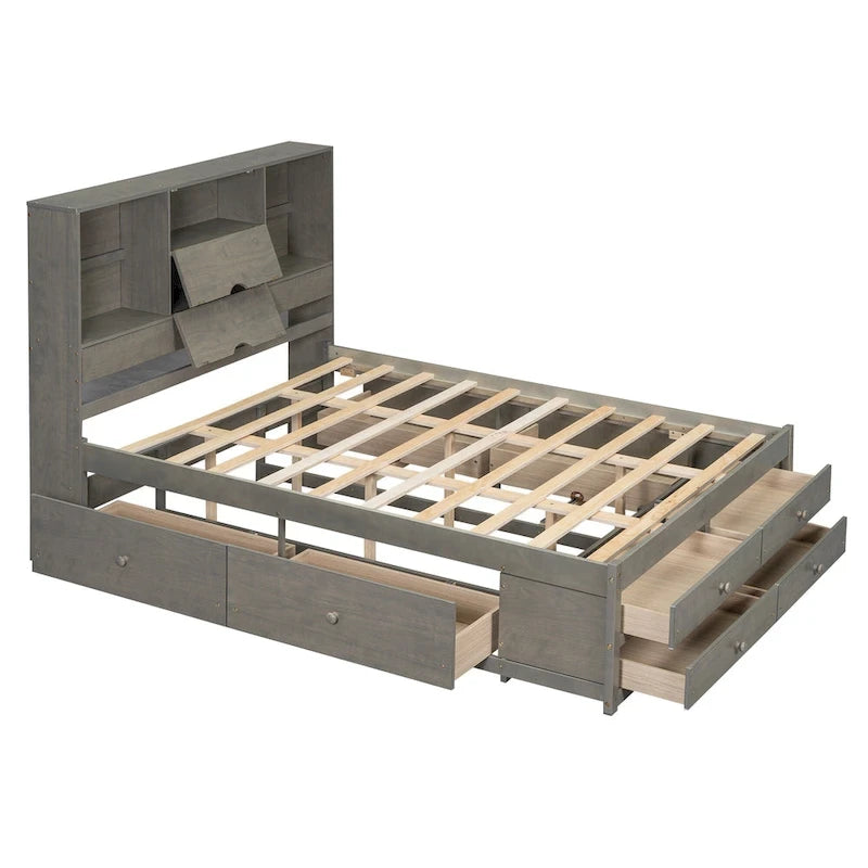 Lit plateforme avec tête de lit de rangement et 8 tiroirs