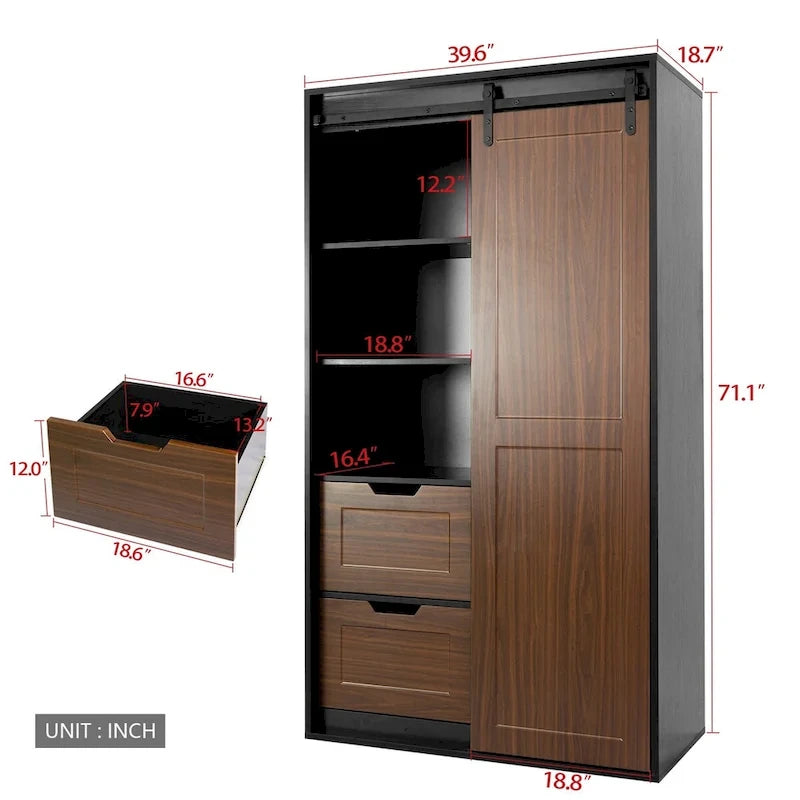 Armoire et penderie hautes de 71 pouces, armoire classique à porte coulissante de style grange