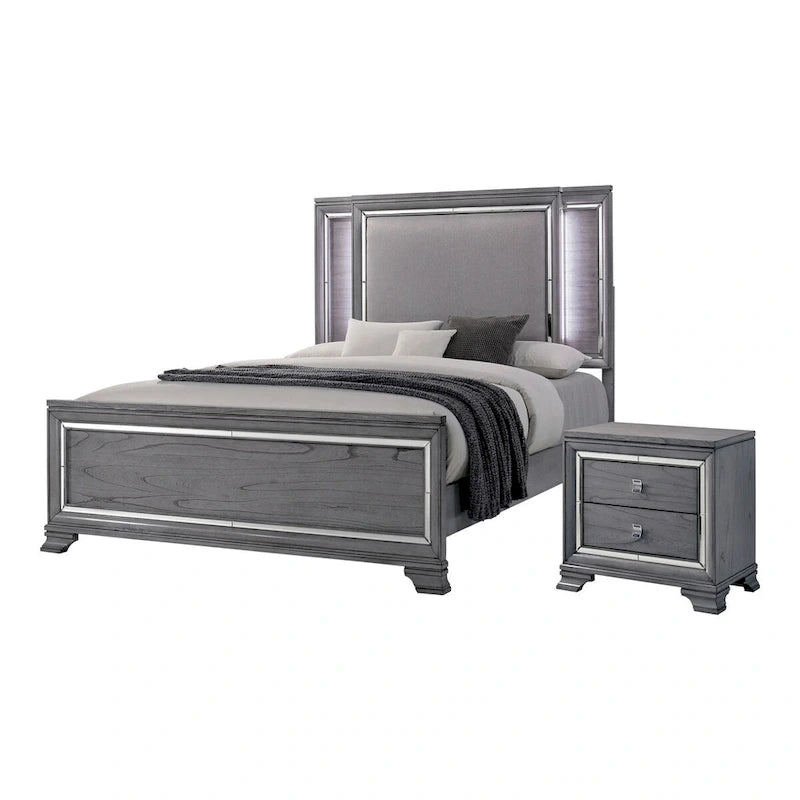Ensemble lit panneau et table de chevet contemporains 2 pièces Taia gris avec LED Furniture of America