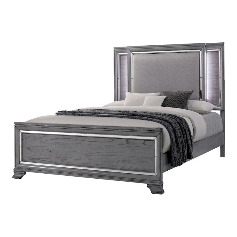 Ensemble lit panneau et table de chevet contemporains 2 pièces Taia gris avec LED Furniture of America