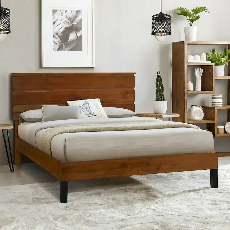 Cadre de Lit en Bois Massif Style Mid-Century Modern Lit Plateforme Queen Size avec Tête de Lit en Trois Parties, Aucun Sommier Tapissier Requis, Marron