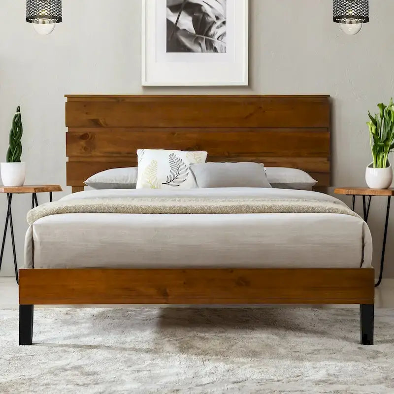 Cadre de Lit en Bois Massif Style Mid-Century Modern Lit Plateforme Queen Size avec Tête de Lit en Trois Parties, Aucun Sommier Tapissier Requis, Marron