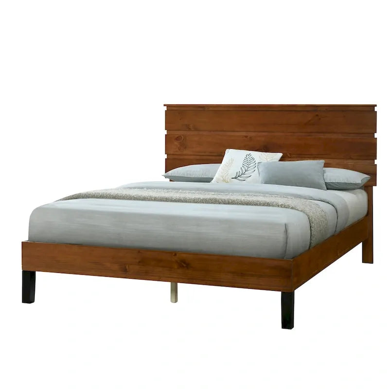 Cadre de Lit en Bois Massif Style Mid-Century Modern Lit Plateforme Queen Size avec Tête de Lit en Trois Parties, Aucun Sommier Tapissier Requis, Marron