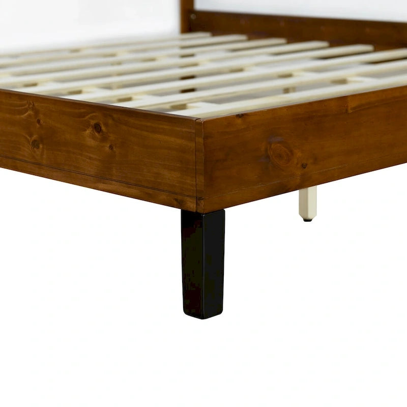 Cadre de Lit en Bois Massif Style Mid-Century Modern Lit Plateforme Queen Size avec Tête de Lit en Trois Parties, Aucun Sommier Tapissier Requis, Marron