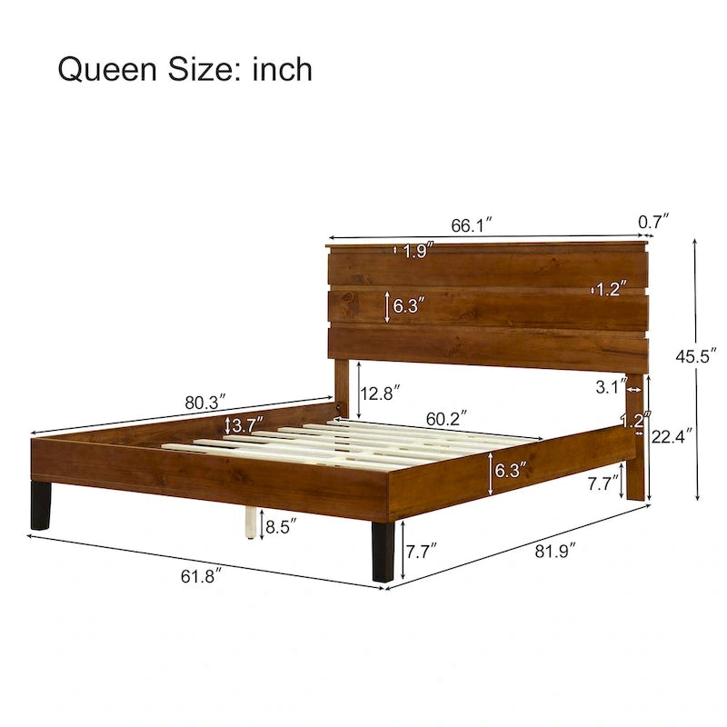 Cadre de Lit en Bois Massif Style Mid-Century Modern Lit Plateforme Queen Size avec Tête de Lit en Trois Parties, Aucun Sommier Tapissier Requis, Marron