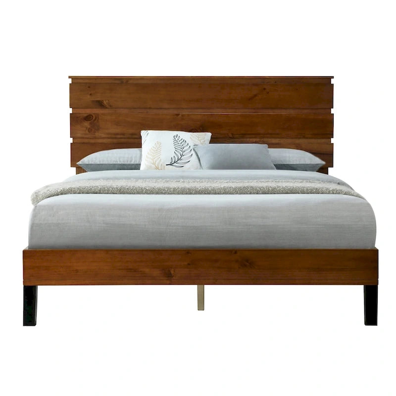 Cadre de Lit en Bois Massif Style Mid-Century Modern Lit Plateforme Queen Size avec Tête de Lit en Trois Parties, Aucun Sommier Tapissier Requis, Marron