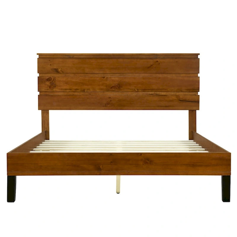 Cadre de Lit en Bois Massif Style Mid-Century Modern Lit Plateforme Queen Size avec Tête de Lit en Trois Parties, Aucun Sommier Tapissier Requis, Marron