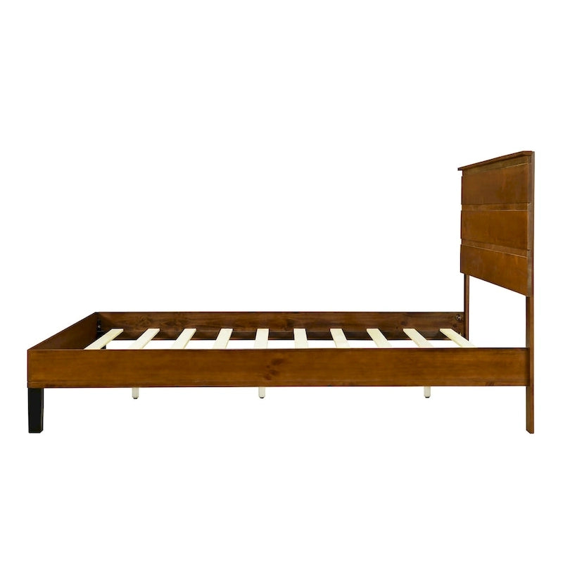 Cadre de Lit en Bois Massif Style Mid-Century Modern Lit Plateforme Queen Size avec Tête de Lit en Trois Parties, Aucun Sommier Tapissier Requis, Marron