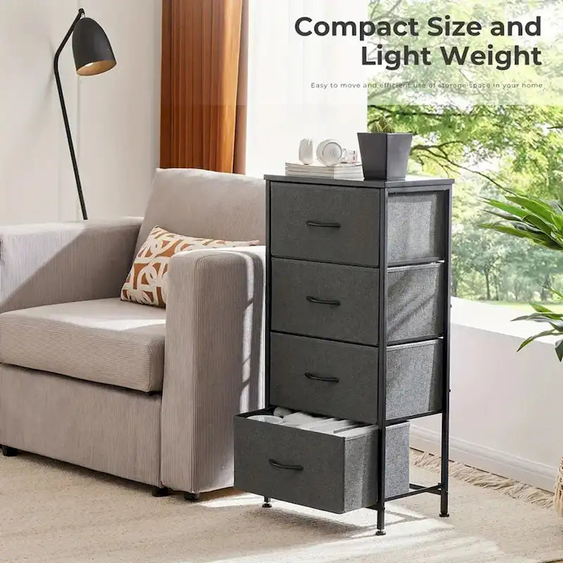Commode de chambre à coucher avec 4 tiroirs en tissu, tour de rangement étroite pour vêtements, placards, chambre d'enfant, tour de rangement avec placard