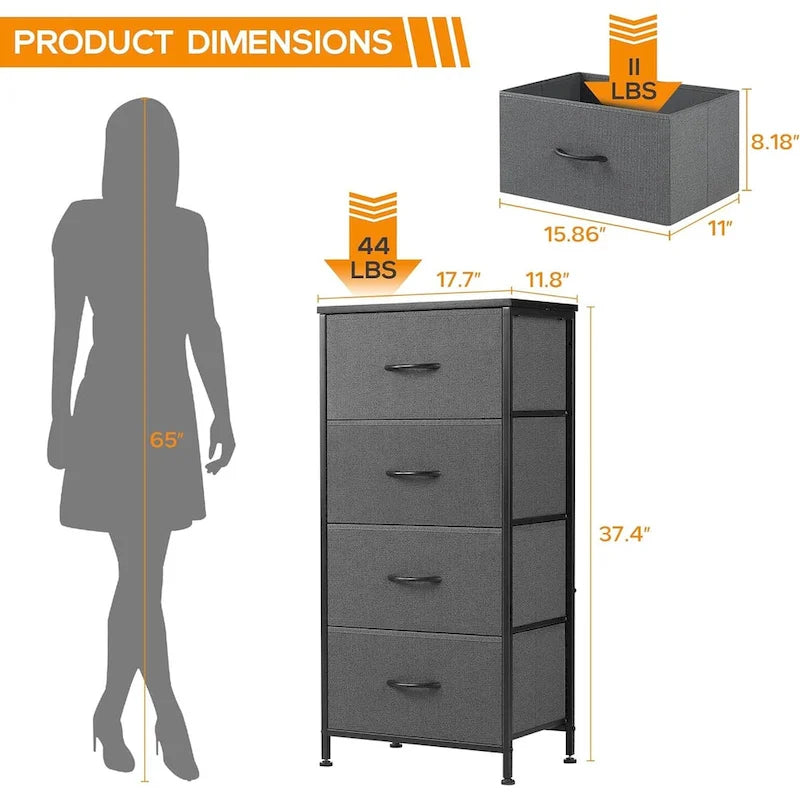 Commode de chambre à coucher avec 4 tiroirs en tissu, tour de rangement étroite pour vêtements, placards, chambre d'enfant, tour de rangement avec placard