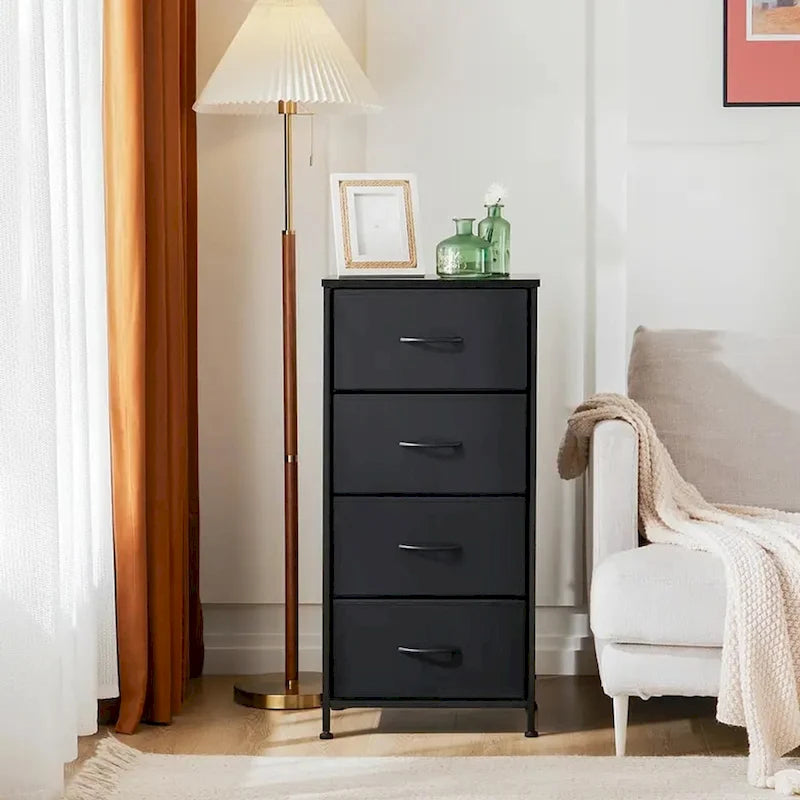 Commode de chambre à coucher avec 4 tiroirs en tissu, tour de rangement étroite pour vêtements, placards, chambre d'enfant, tour de rangement avec placard