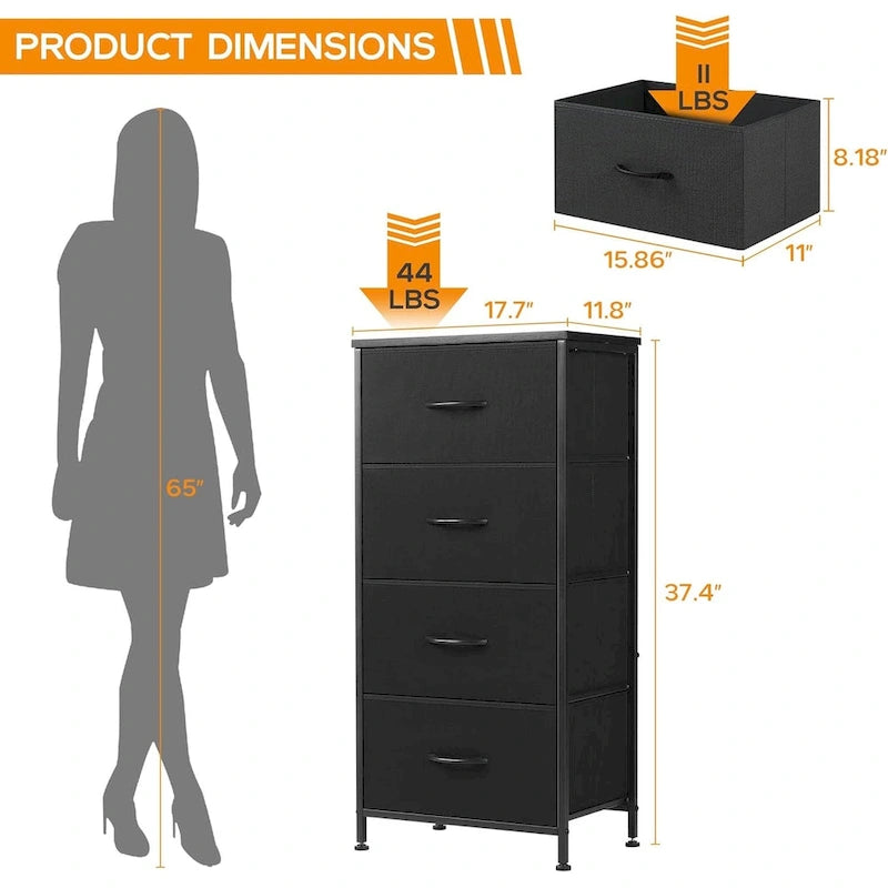 Commode de chambre à coucher avec 4 tiroirs en tissu, tour de rangement étroite pour vêtements, placards, chambre d'enfant, tour de rangement avec placard
