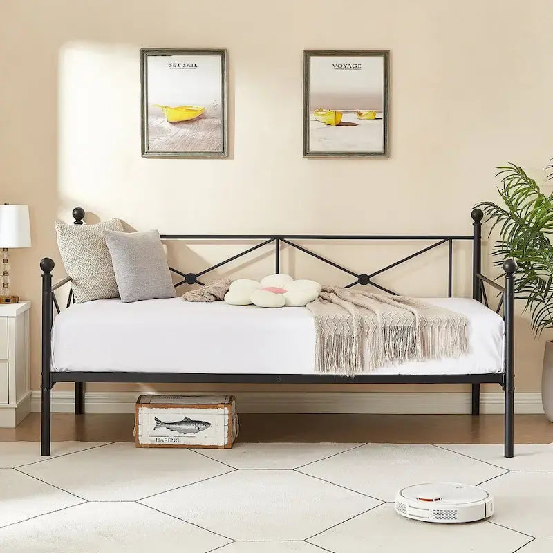 Cadre de lit de repos Javlergo en métal, taille double, avec lattes en acier pour salon ou chambre d'amis