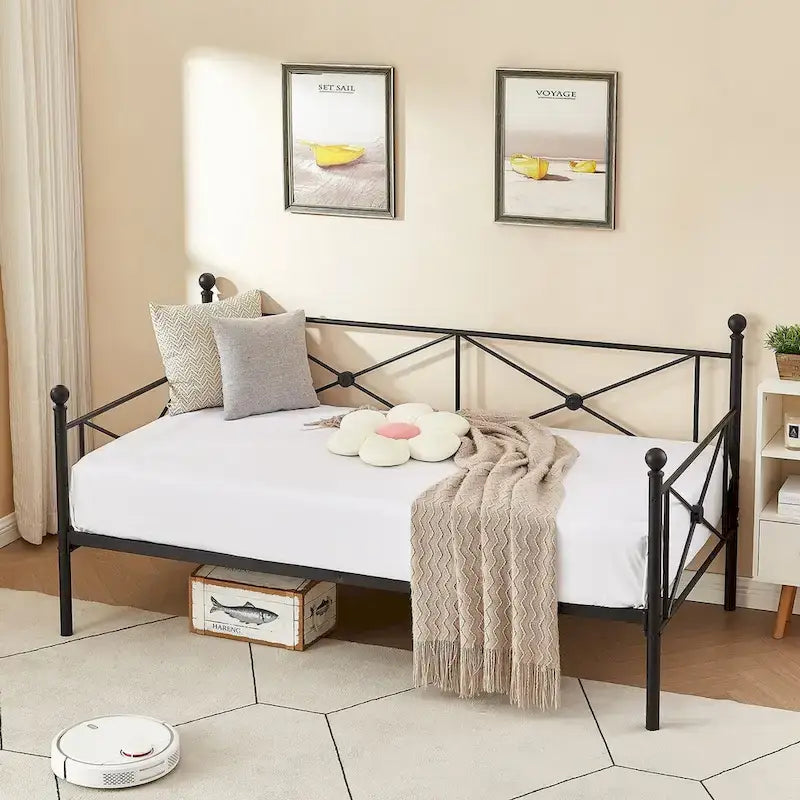Cadre de lit de repos Javlergo en métal, taille double, avec lattes en acier pour salon ou chambre d'amis