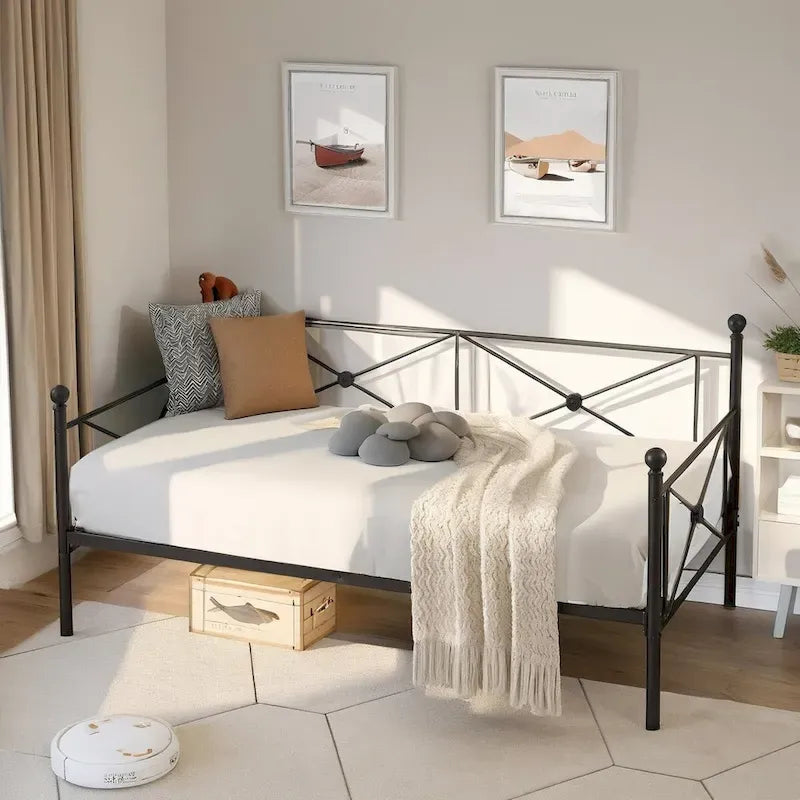 Cadre de lit de repos Javlergo en métal, taille double, avec lattes en acier pour salon ou chambre d'amis