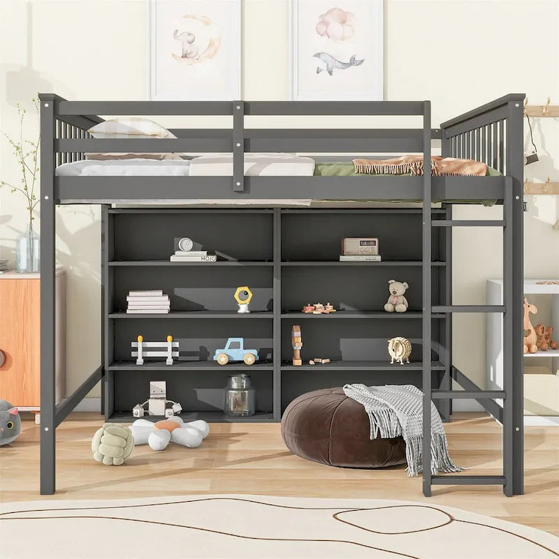 Lit mezzanine double avec 8 étagères de rangement ouvertes et échelle intégrée
