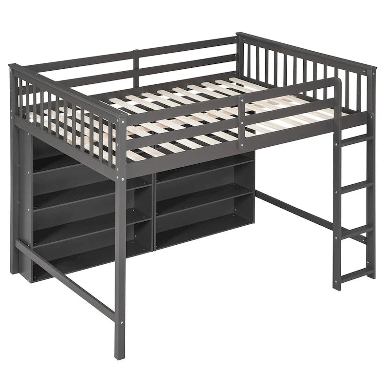 Lit mezzanine double avec 8 étagères de rangement ouvertes et échelle intégrée