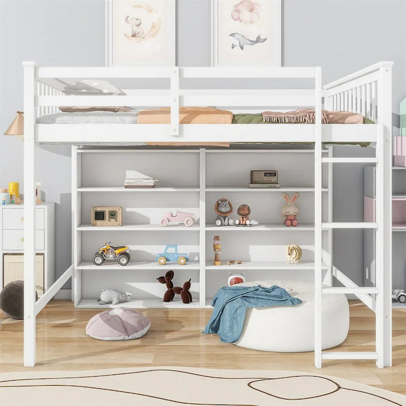 Lit mezzanine double avec 8 étagères de rangement ouvertes et échelle intégrée