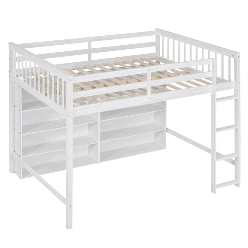 Lit mezzanine double avec 8 étagères de rangement ouvertes et échelle intégrée