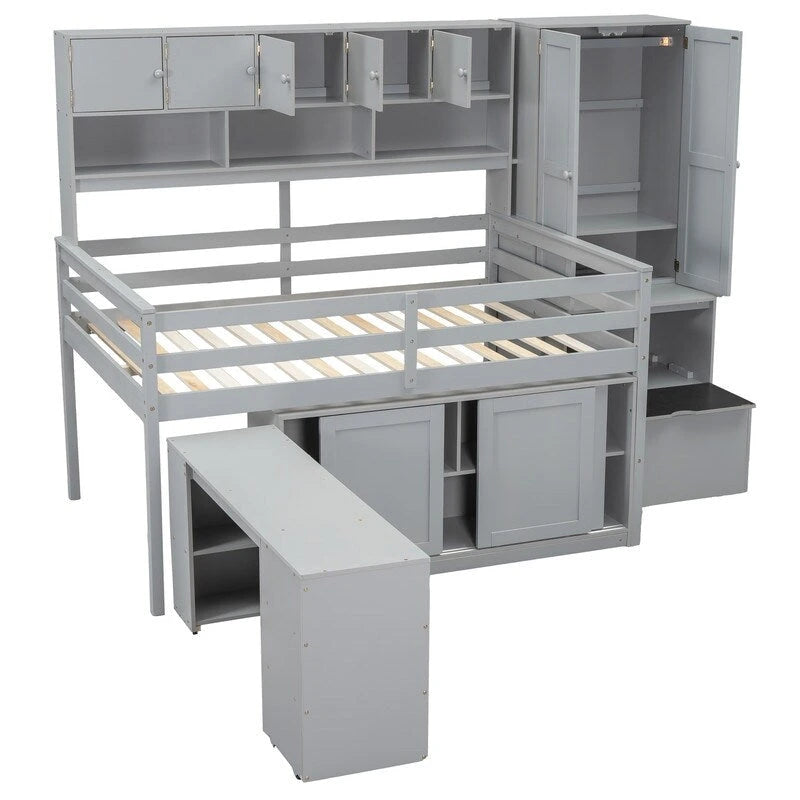 Lit mezzanine en bois pleine grandeur grand rangement avec bureau sous le lit, avec tiroirs, avec étagères