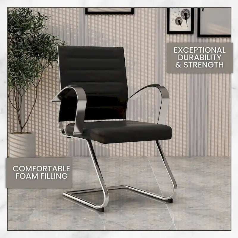 Chaise de bureau en cuir avec base luge en acier inoxydable Série Benmar par LeisureMod