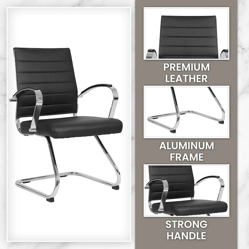 Chaise de bureau en cuir avec base luge en acier inoxydable Série Benmar par LeisureMod
