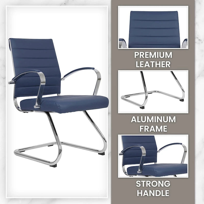Chaise de bureau en cuir avec base luge en acier inoxydable Série Benmar par LeisureMod