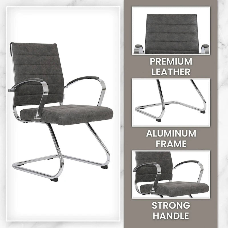 Chaise de bureau en cuir avec base luge en acier inoxydable Série Benmar par LeisureMod