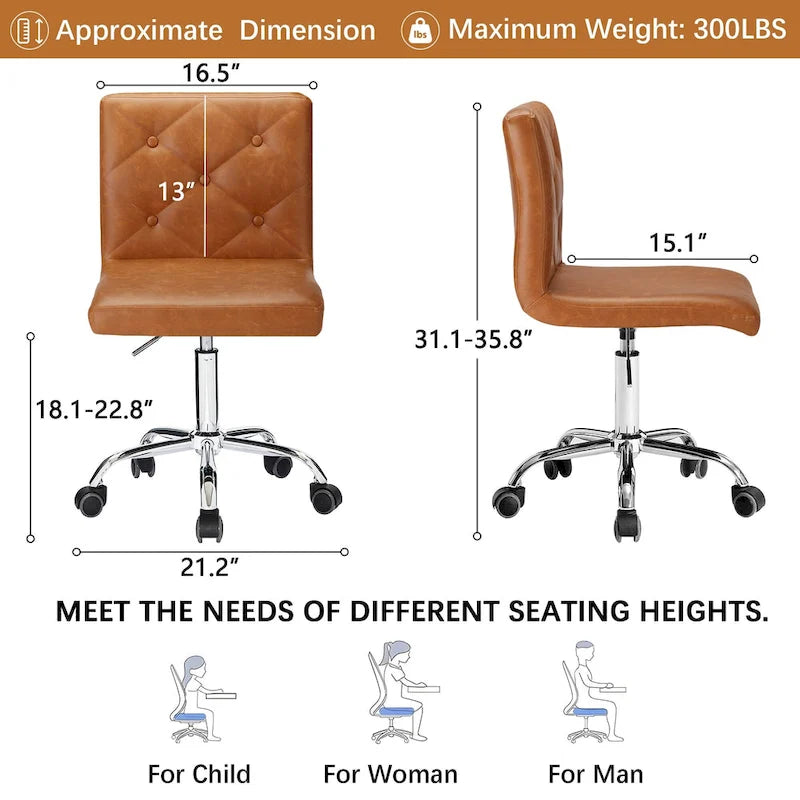 Javlergo Chaise de bureau sans accoudoirs, en cuir PU, hauteur réglable, pivotante à 360° pour le télétravail ou le bureau