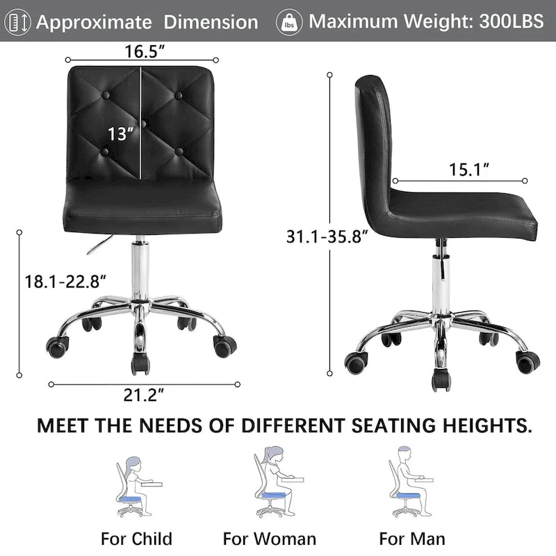 Javlergo Chaise de bureau sans accoudoirs, en cuir PU, hauteur réglable, pivotante à 360° pour le télétravail ou le bureau