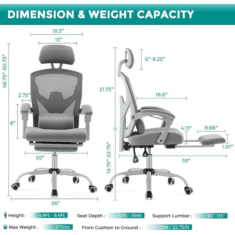 Chaise de bureau à domicile avec repose-pieds, chaises inclinables en maille à dossier haut avec appuie-tête pour la maison, le bureau, le jeu, les étudiants
