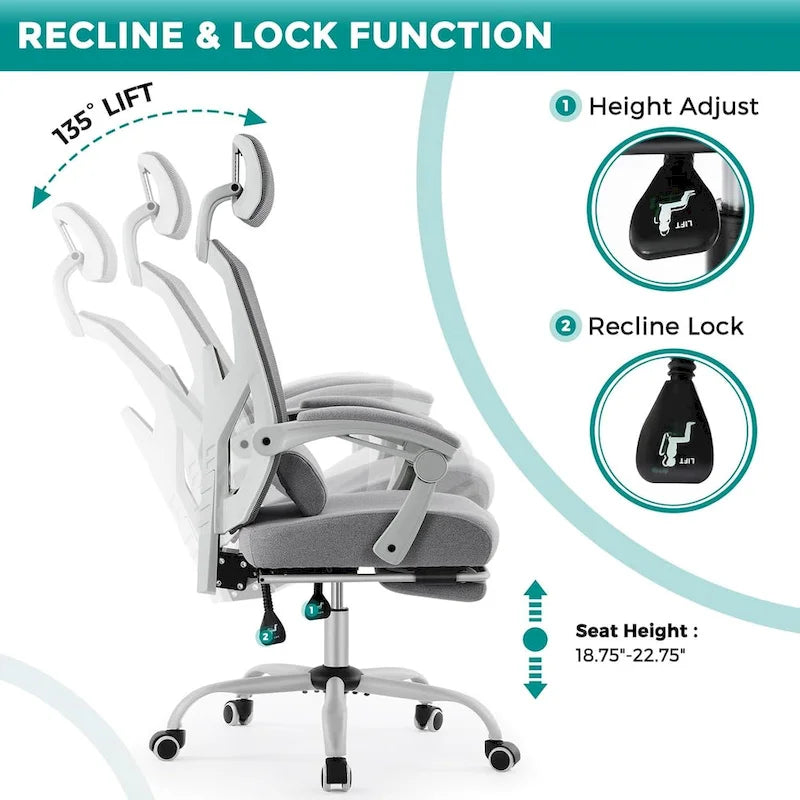Chaise de bureau à domicile avec repose-pieds, chaises inclinables en maille à dossier haut avec appuie-tête pour la maison, le bureau, le jeu, les étudiants