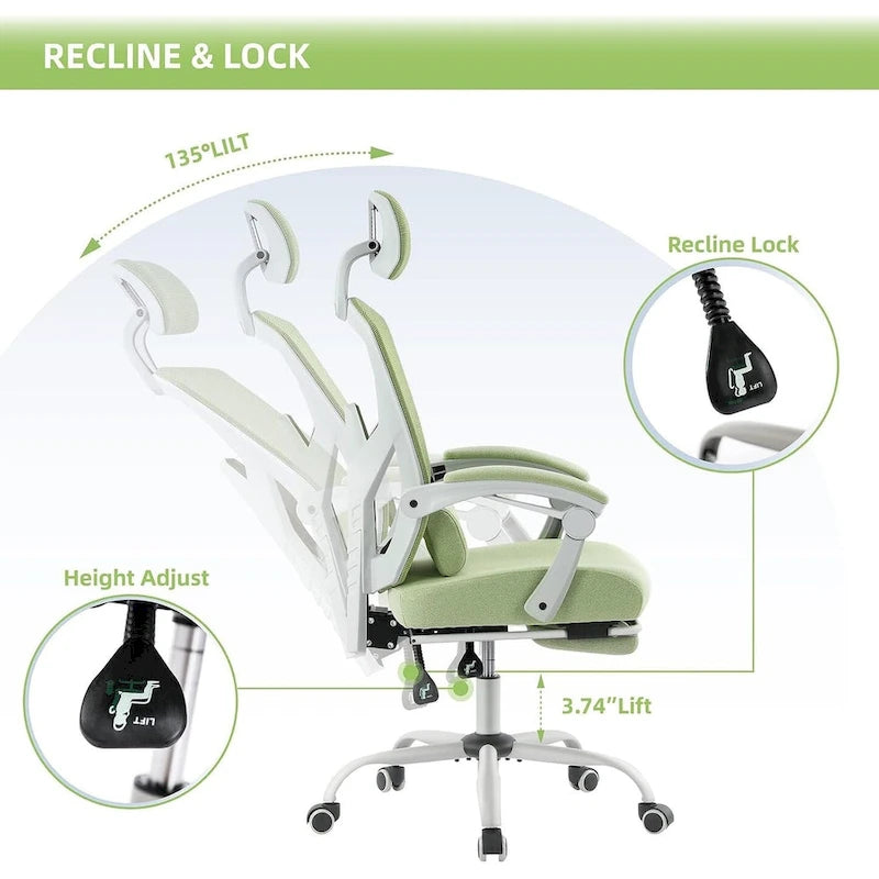 Chaise de bureau à domicile avec repose-pieds, chaises inclinables en maille à dossier haut avec appuie-tête pour la maison, le bureau, le jeu, les étudiants