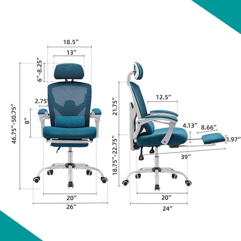 Chaise de bureau à domicile avec repose-pieds, chaises inclinables en maille à dossier haut avec appuie-tête pour la maison, le bureau, le jeu, les étudiants