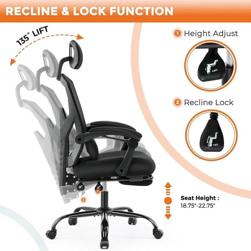 Chaise de bureau à domicile avec repose-pieds, chaises inclinables en maille à dossier haut avec appuie-tête pour la maison, le bureau, le jeu, les étudiants