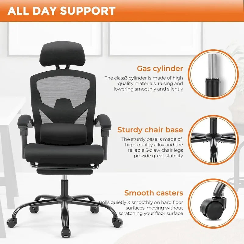 Chaise de bureau à domicile avec repose-pieds, chaises inclinables en maille à dossier haut avec appuie-tête pour la maison, le bureau, le jeu, les étudiants