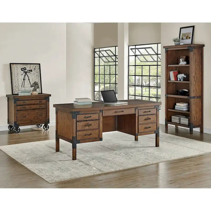 Étagère ouverte rustique Addison, Étagère de bureau, Meuble de rangement, Marron - 34L x 72H x 15P