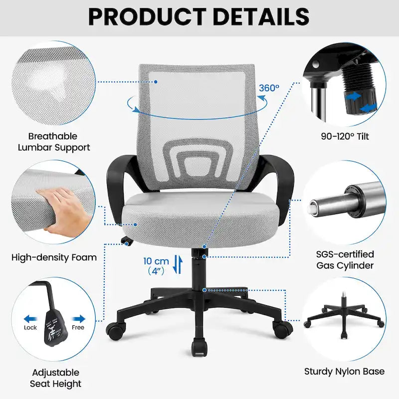 Chaise de bureau ergonomique Yaheetech réglable avec dossier en maille et pivotant