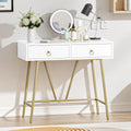Anmytek Bureau Moderne pour Bureau à Domicile 35.4 Table de Maquillage Blanche 2 Tiroirs Bureau d'Écriture Informatique avec Pieds Dorés