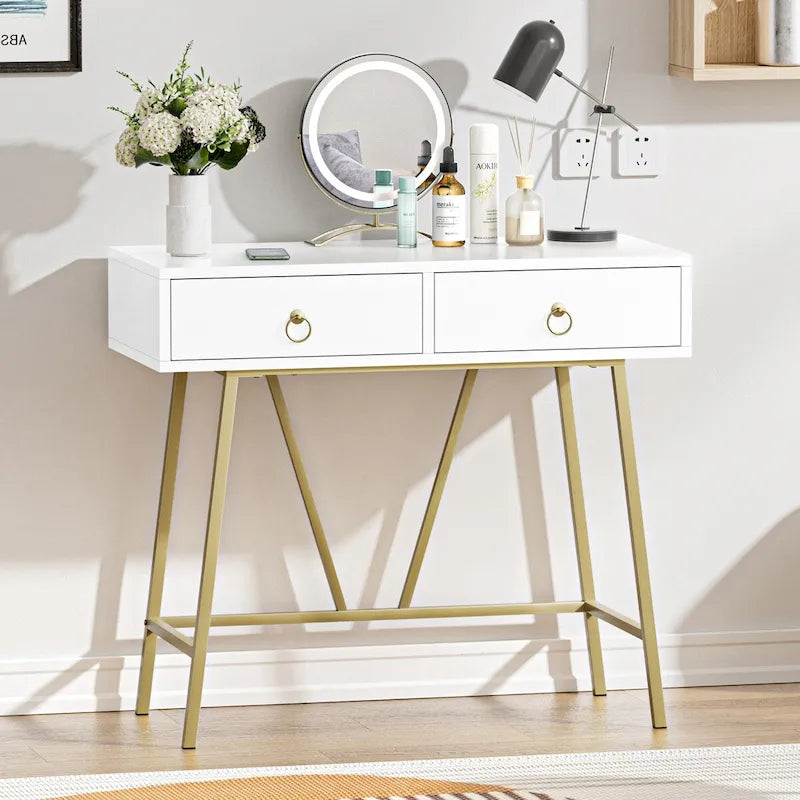 Anmytek Bureau Moderne pour Bureau à Domicile 35.4 Table de Maquillage Blanche 2 Tiroirs Bureau d'Écriture Informatique avec Pieds Dorés